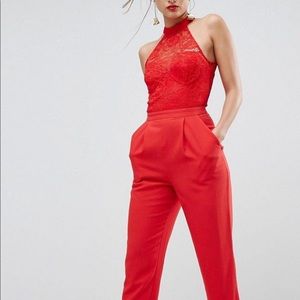 Red halter lace jumpsuit